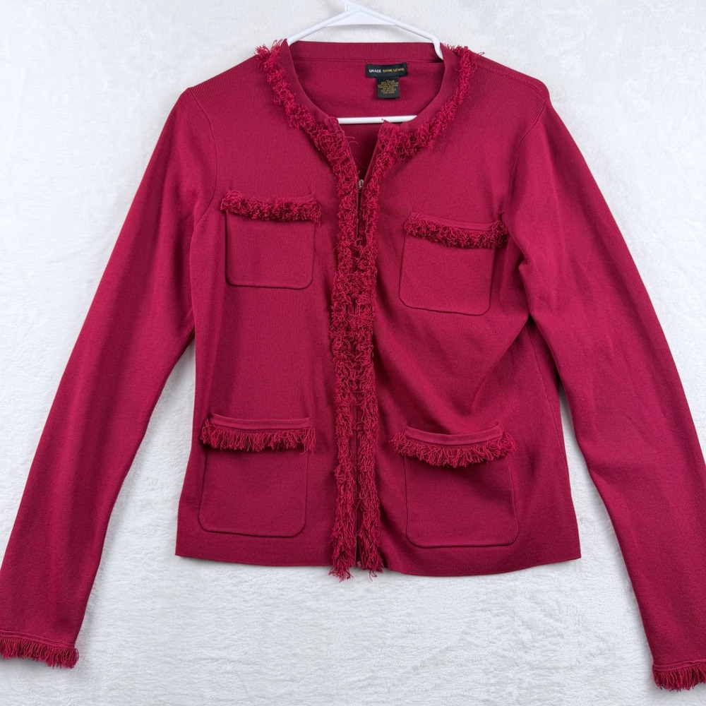 Grace Dane Lewis Fringe Trim Cardigan Jacket Textured Boho Pink Medium